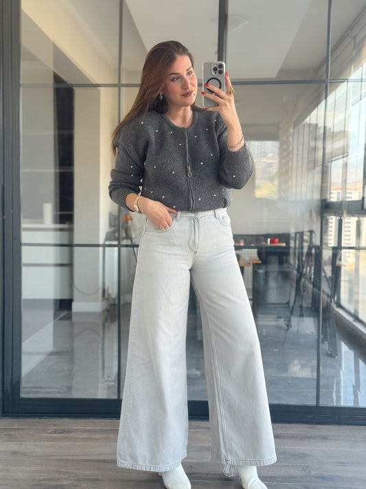 Zr model ekstra bol paça yıkamalı jean gri