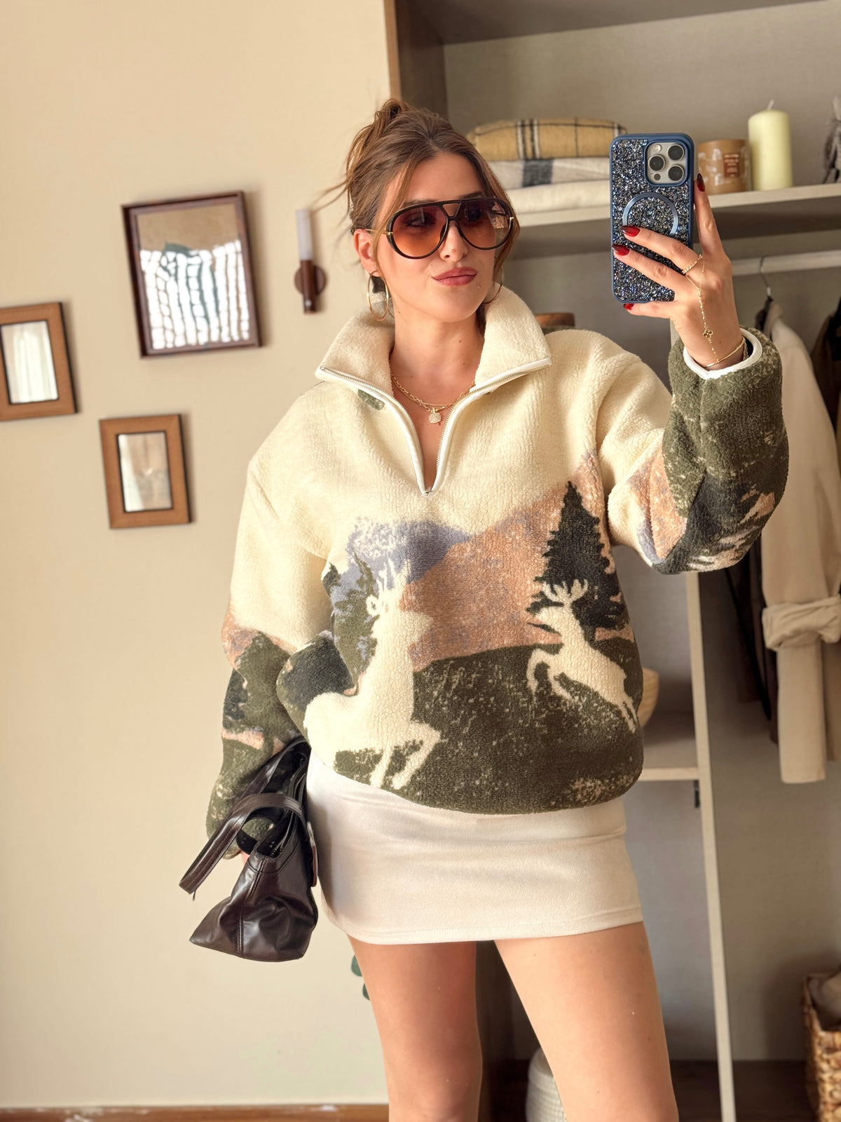 Geyik desenli fermuarlı polar sweat -YEŞİL