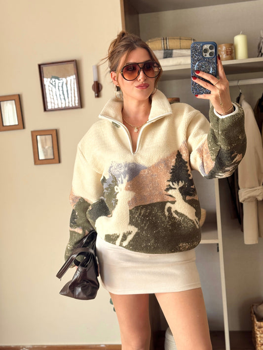 Geyik desenli fermuarlı polar sweat -YEŞİL