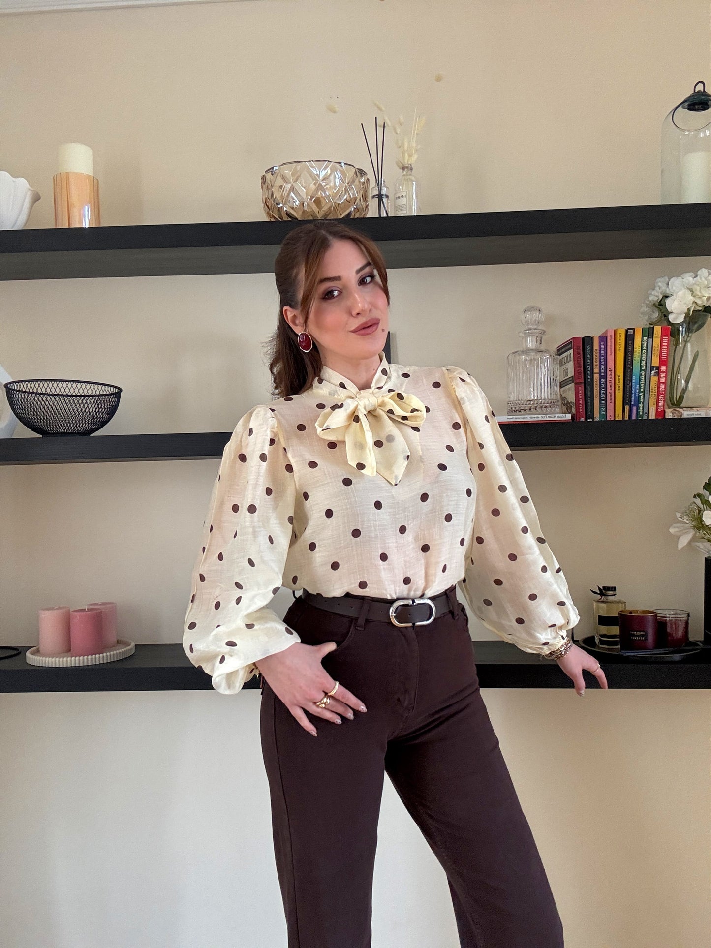 Puantiye desenli viskon gömlek açık Sarı