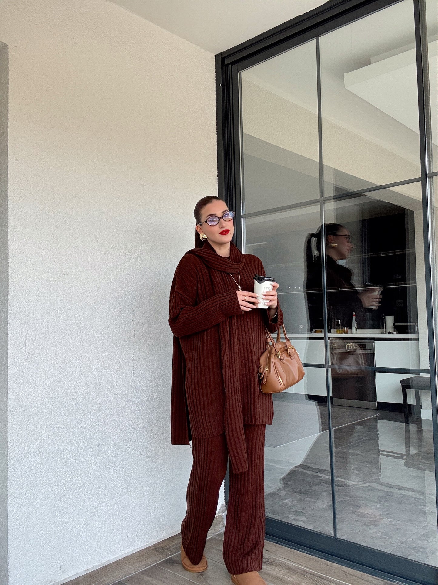 Şallı triko takım-KAHVERENGİ