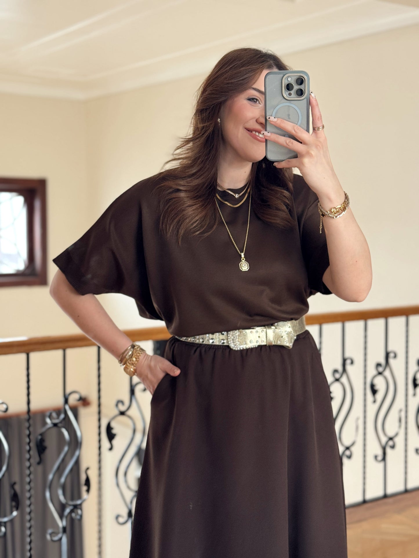 Kısa Kollu Oversize Triko Kazak-ACI KAHVE