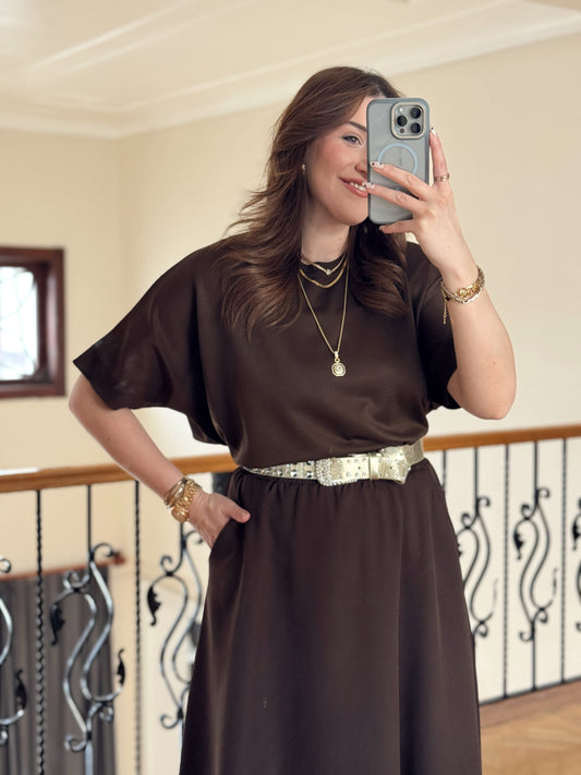 Kısa Kollu Oversize Triko Kazak-ACI KAHVE