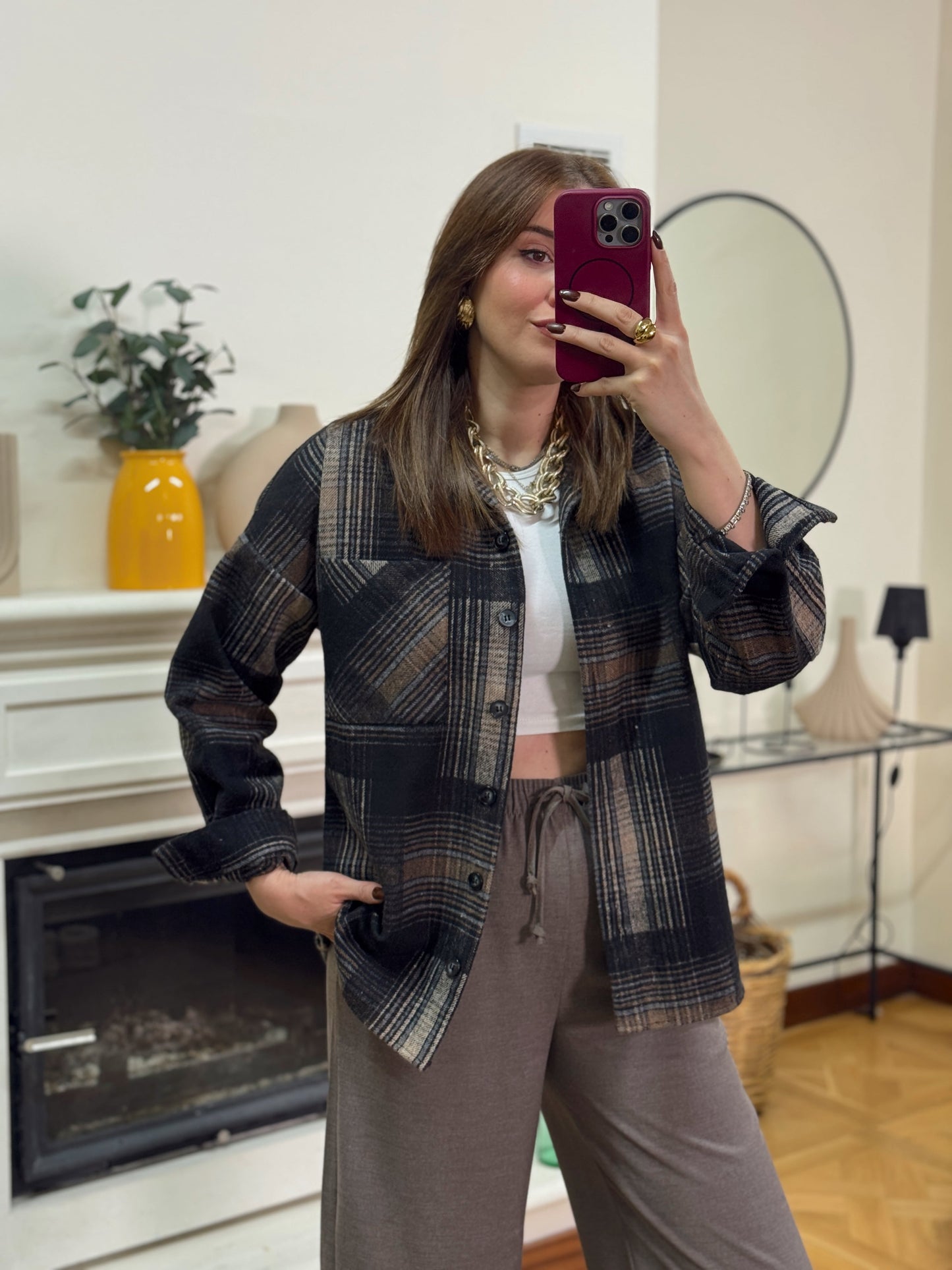 Ekose desen tek cepli gömlek VİZON