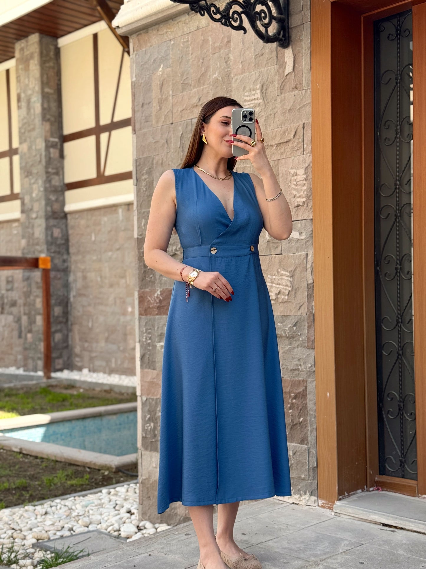 Keten düğmeli uzun elbise MAVİ