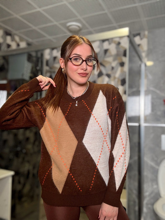 Şerit detaylı baklava desenli kazak-kahve