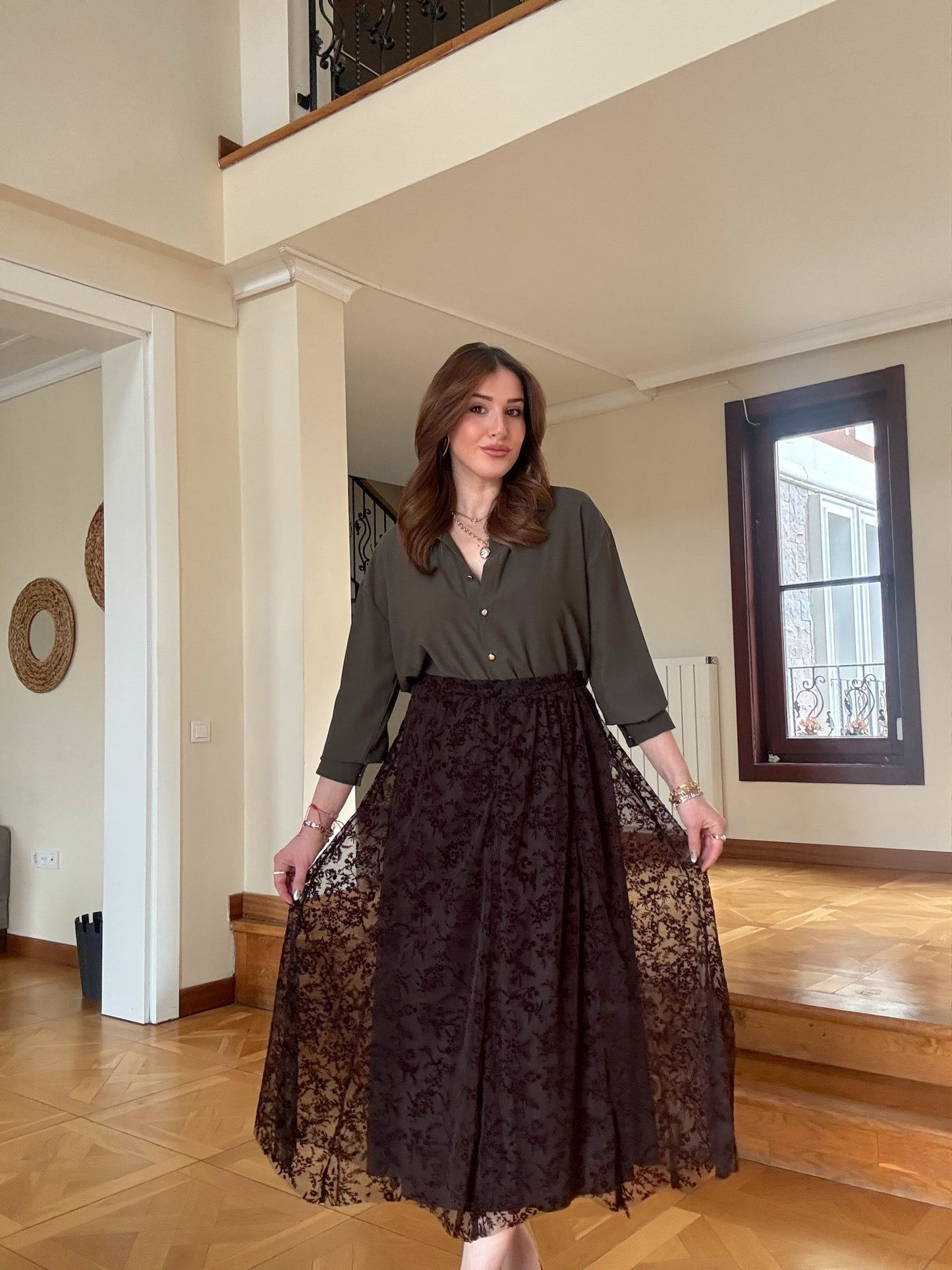 Dal desen astarlı şifon etek Kahve