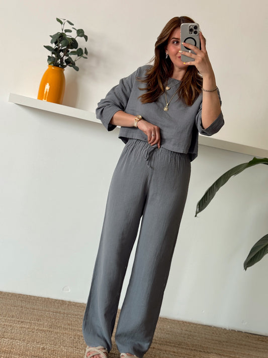 Keten uzun kol crop pantolon ikili takım GRİ