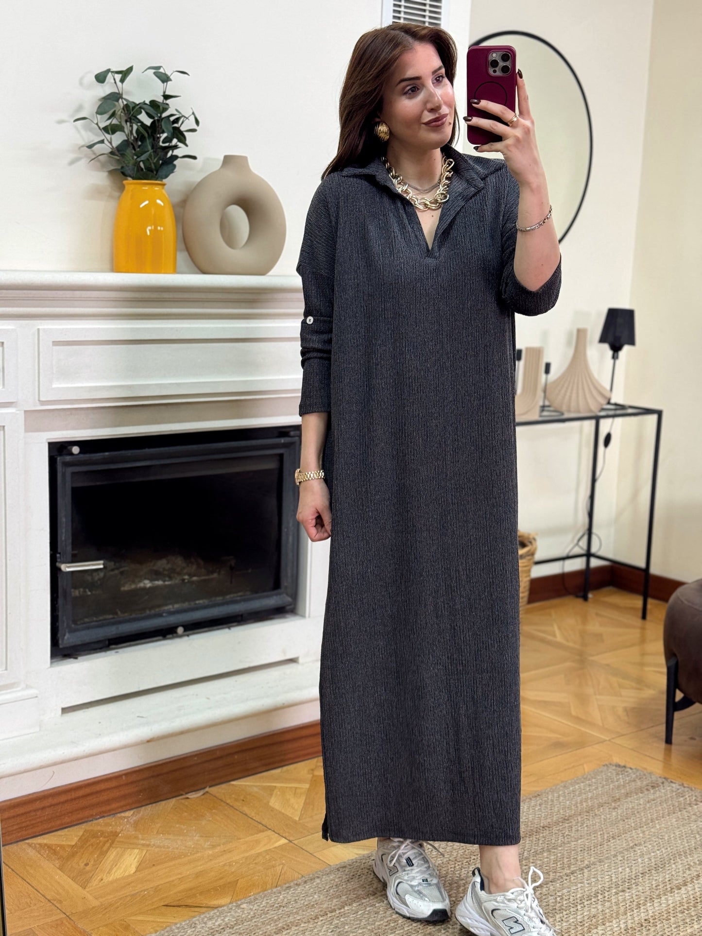 Polo yaka çift yıtmaç elbise-ANTRASİT