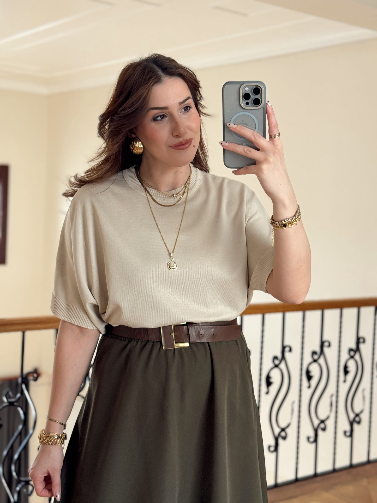 Kısa Kollu Oversize Triko Kazak-BEJ