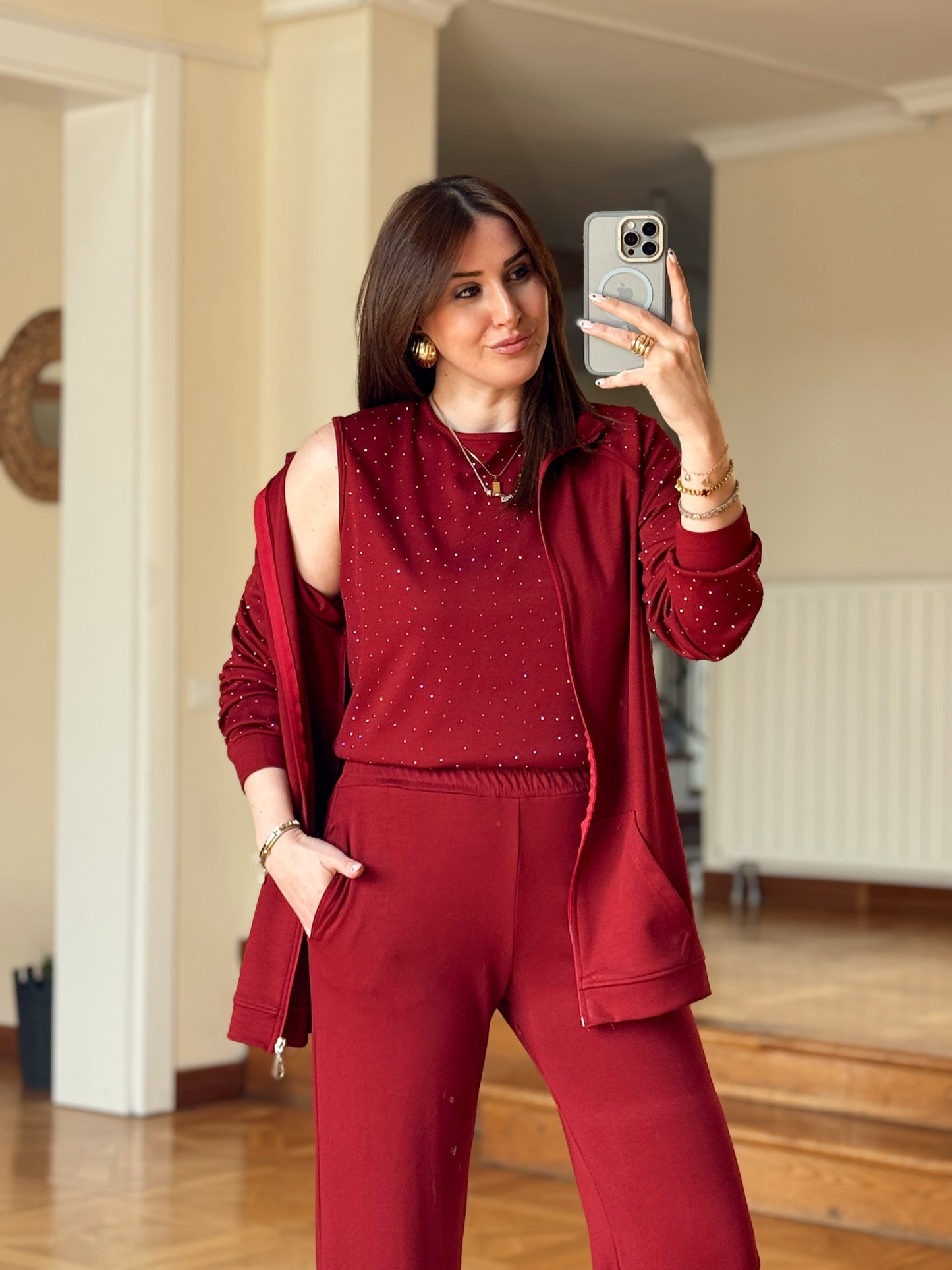 Üçlü Taşlı Oys Takım-BORDO