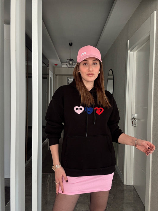 Kalp İşleme Kapüşonlu 3 İplik Sweatshirt - SİYAH