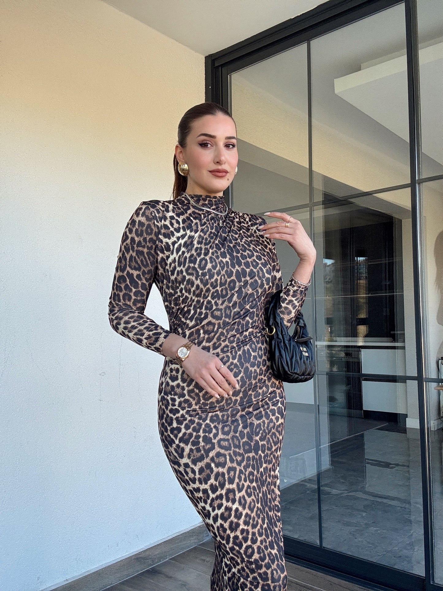 Sandy kumaş drape detaylı leopar elbise-KAHVERENGİ