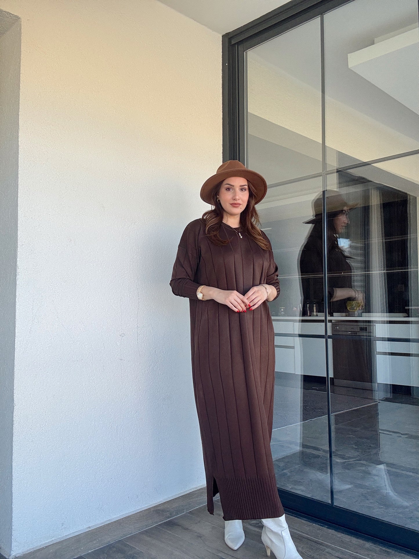 Şerit detaylı uzun triko elbise KAHVERENGİ