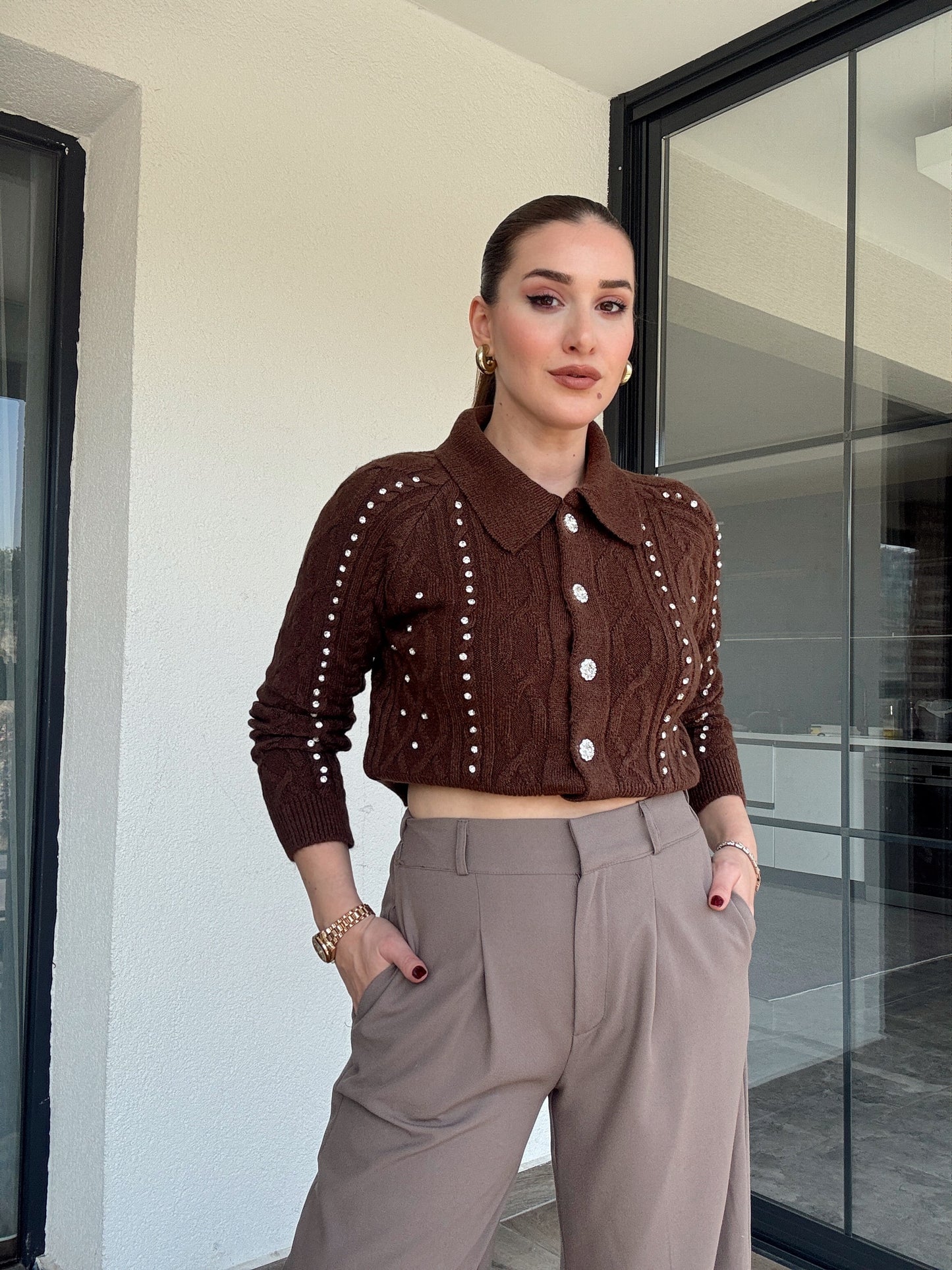Örgü taşlı ceket-KAHVERENGİ