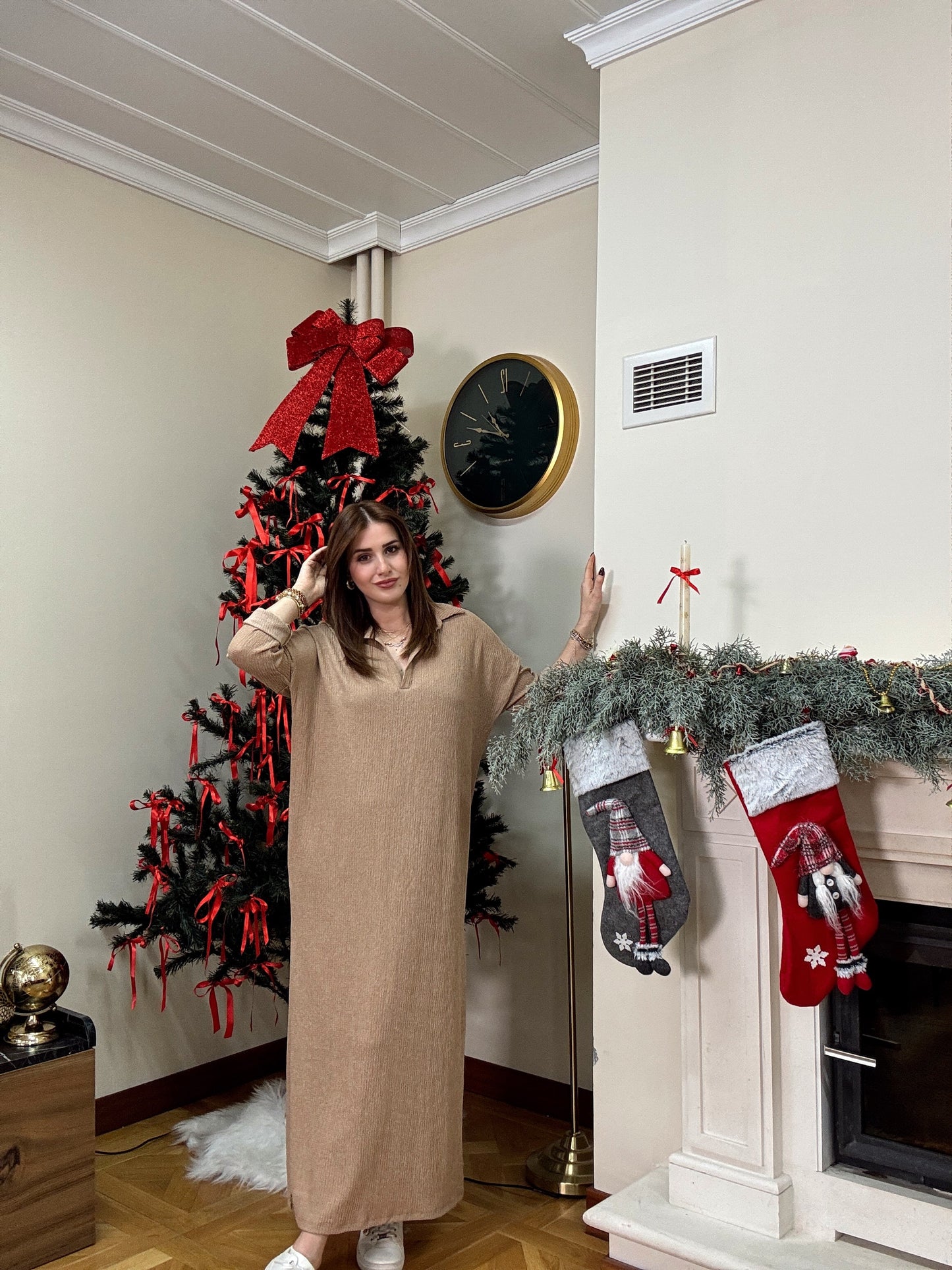 Polo yaka çift yıtmaç elbise-CAMEL