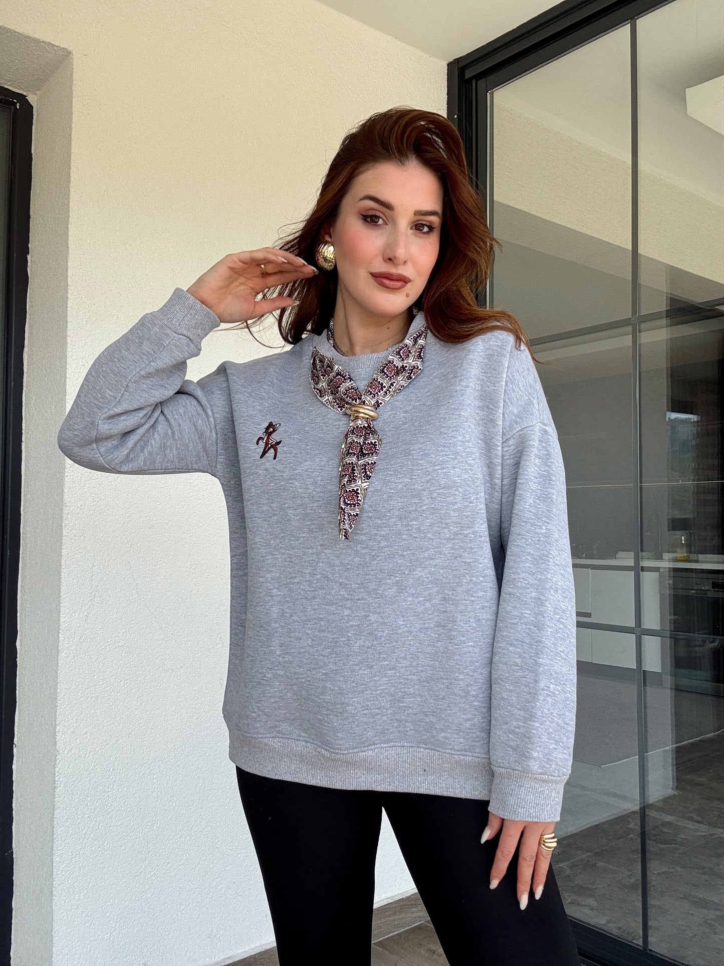 Üç iplik şal yaka sweat-GRİ