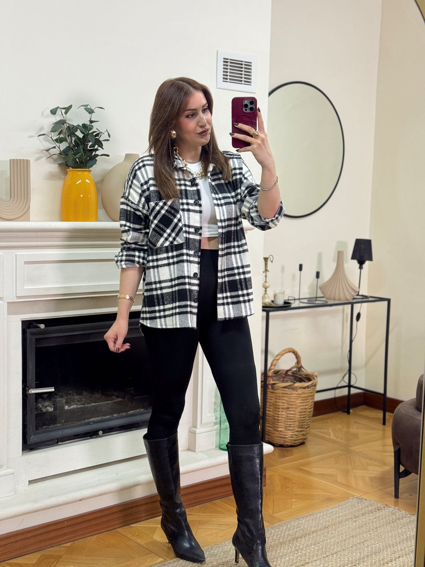 Ekose desen tek cepli gömlek SİYAH-BEYAZ