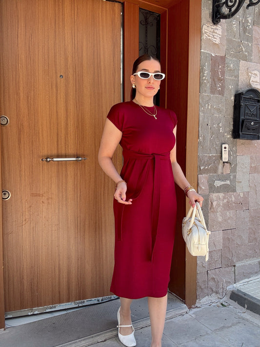 Belden Kemerli Yarım Kol Modal Elbise Bordo
