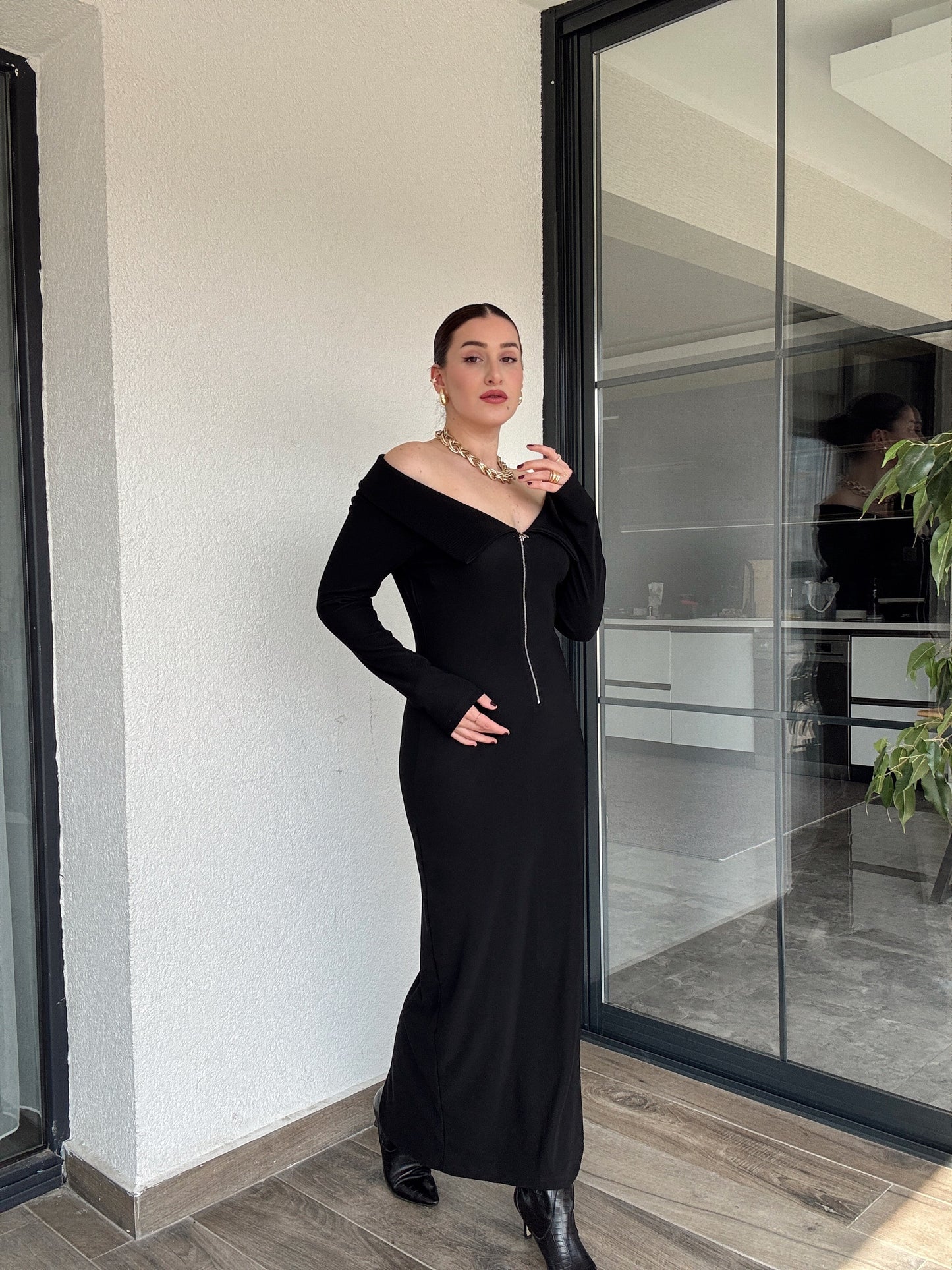 Madonna Yaka Ottoman Elbise - SİYAH