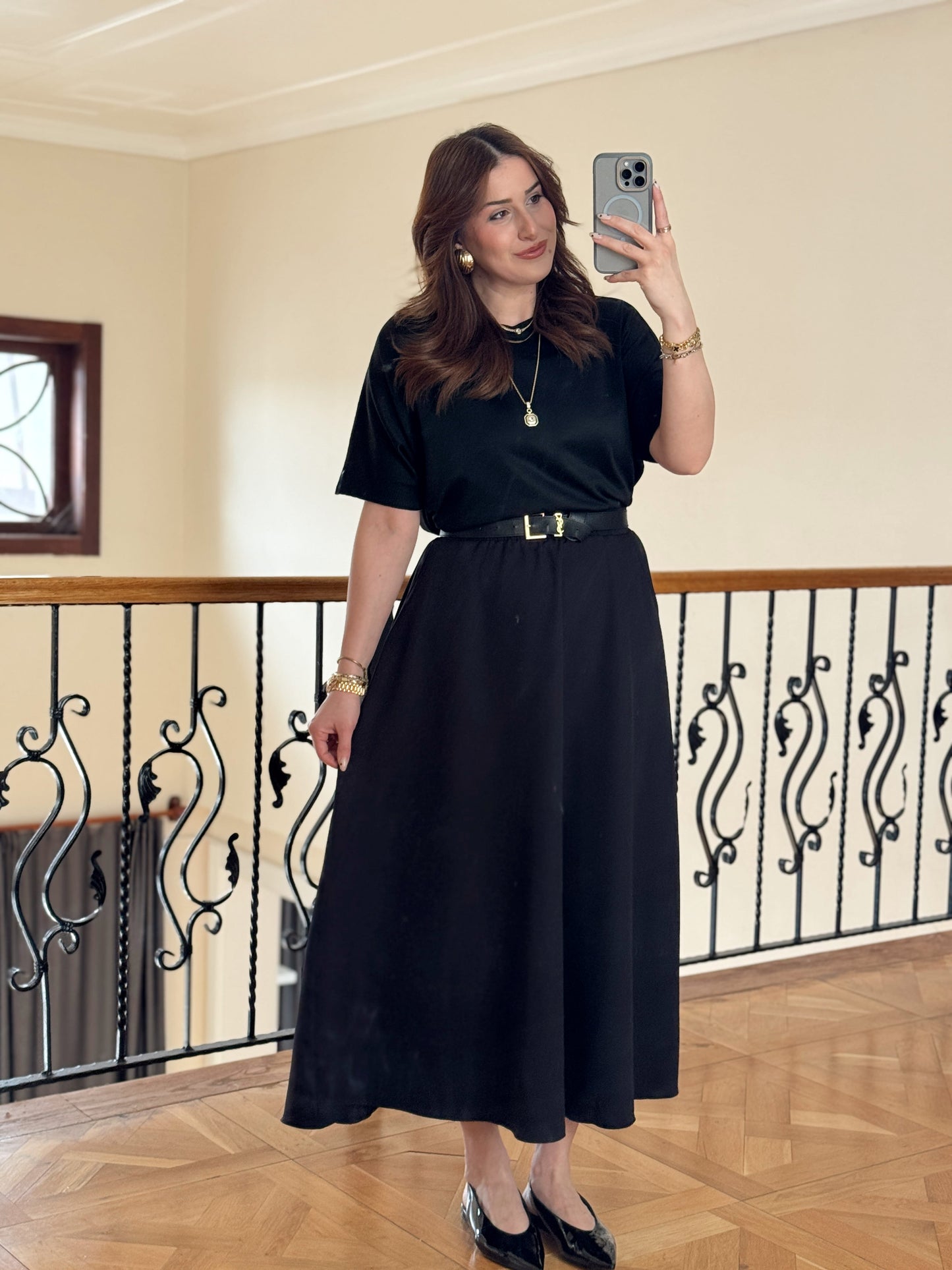 Double Yanı Cepli Etek-SİYAH