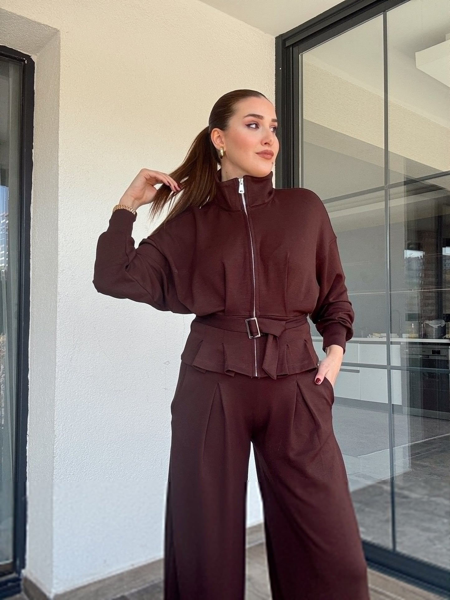 Modal kumaş dik yaka etek pileli ceket pantolon takım-KAHVERENGİ