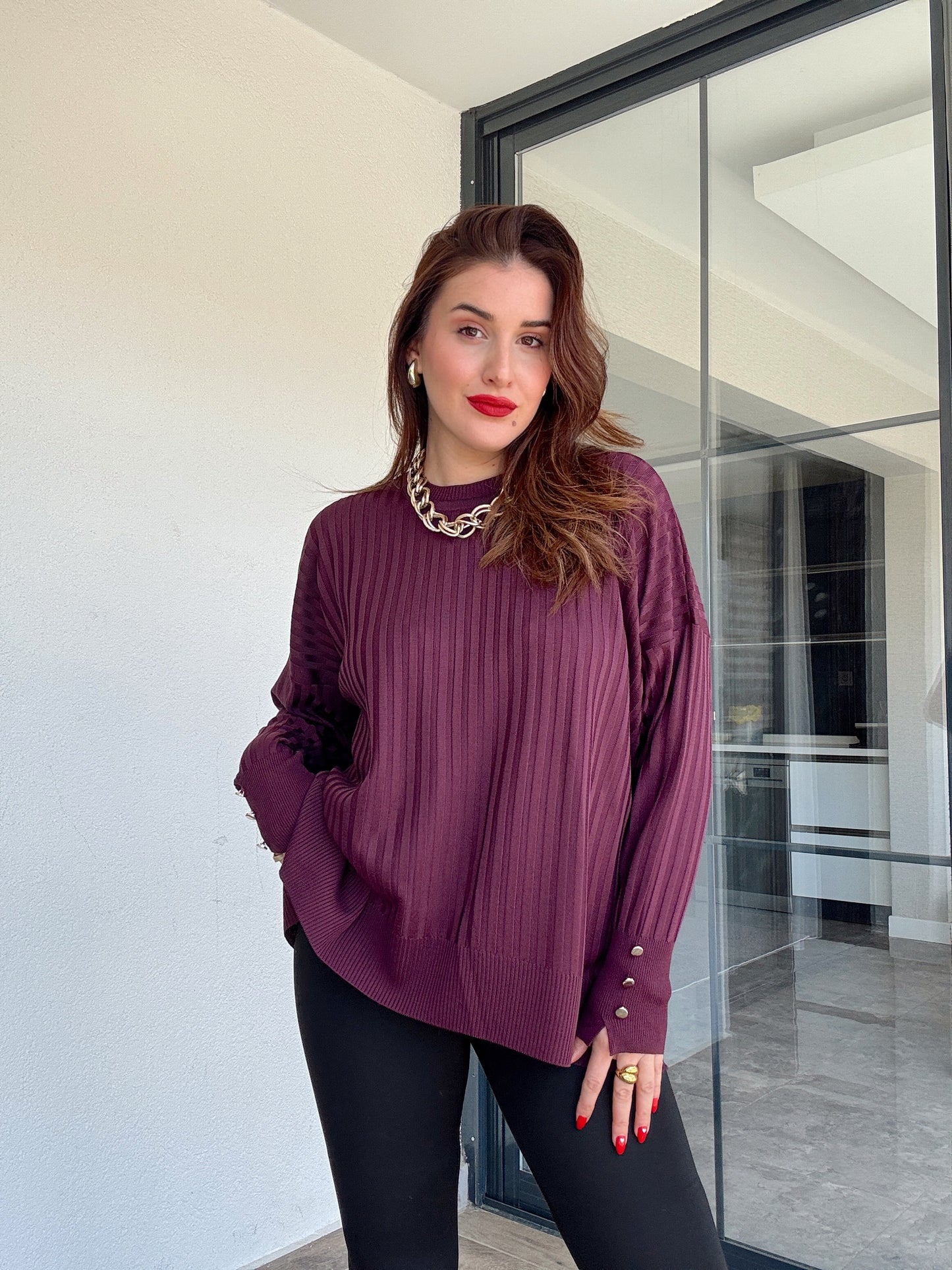 Oversize kesim kol düğmeli kazak MÜRDÜM