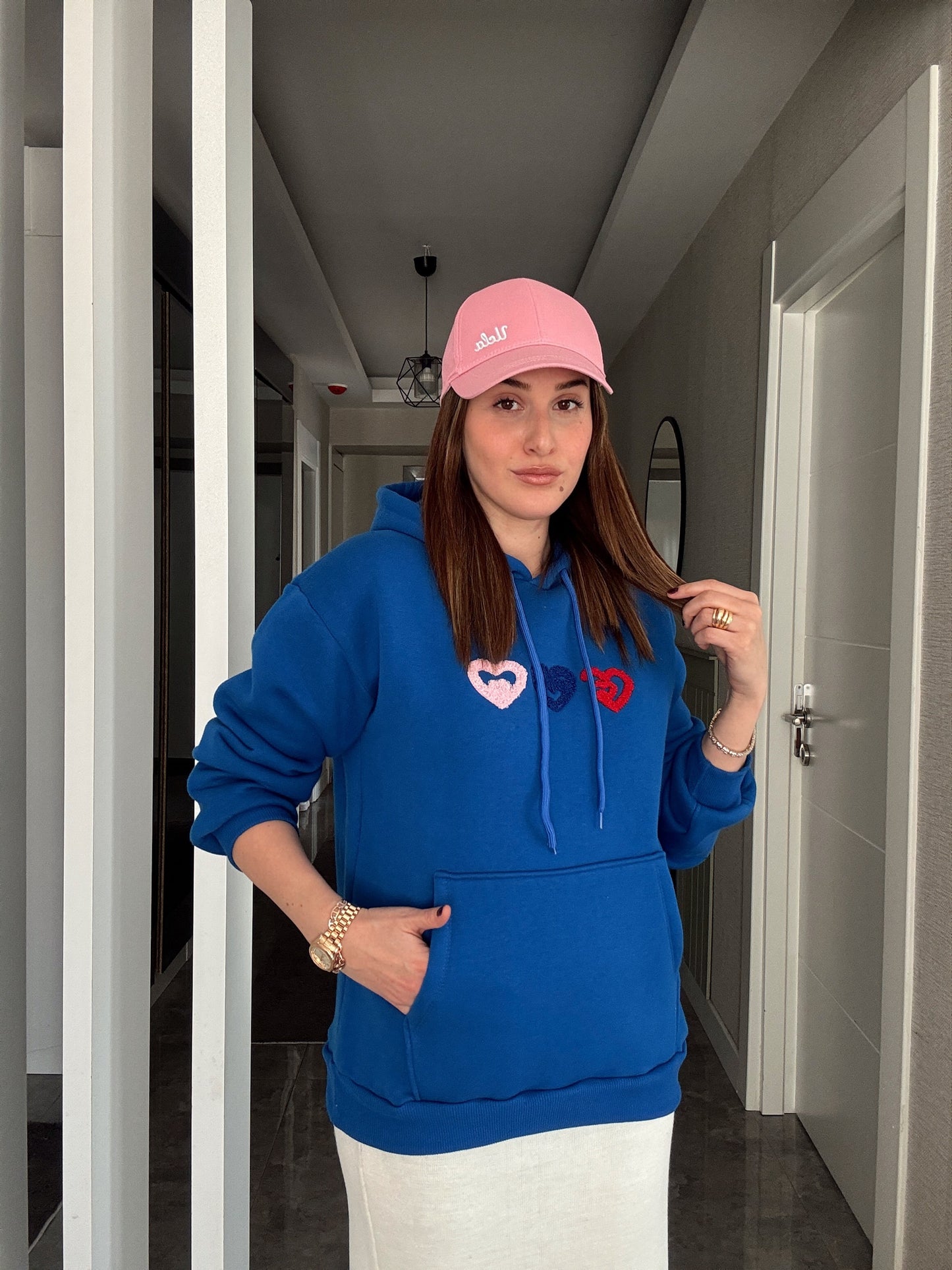 Kalp İşleme Kapüşonlu 3 İplik Sweatshirt - SAKS MAVİ