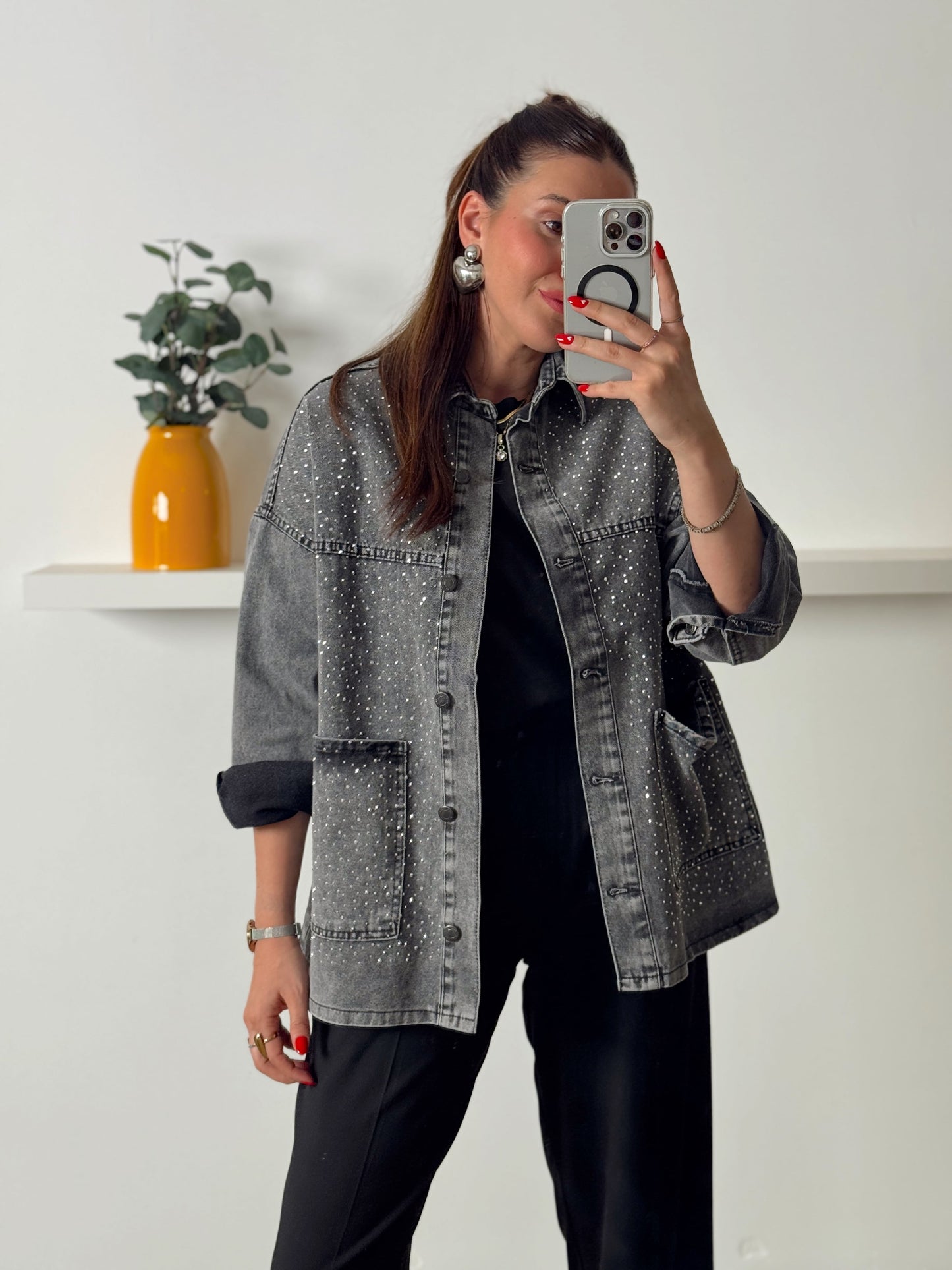 Cepli Taşlı oversize jean ceket Füme