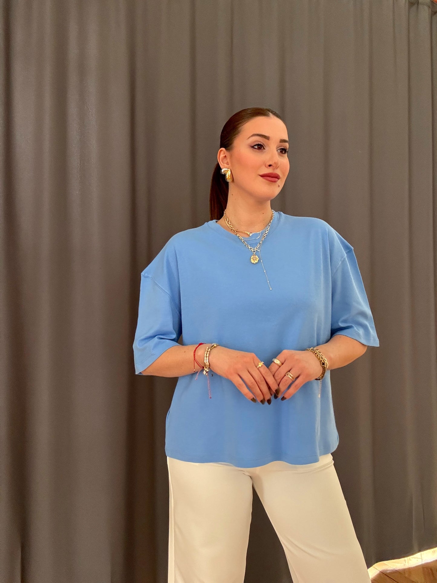 Oversize Basic Tişört Mavi