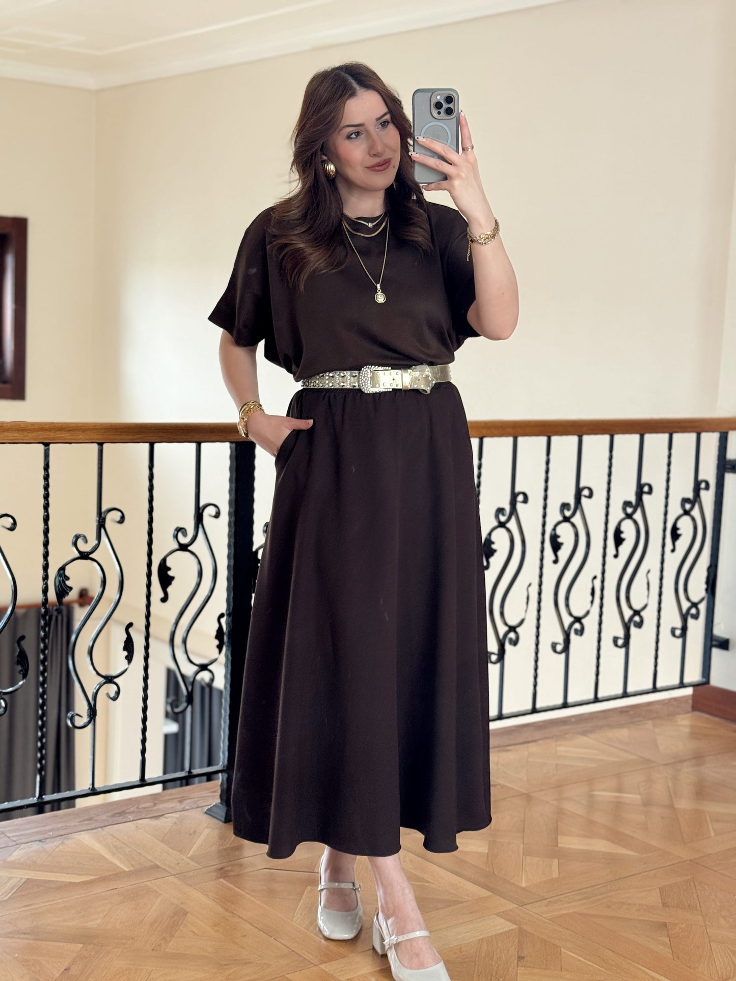 Double Yanı Cepli Etek-KAHVERENGİ