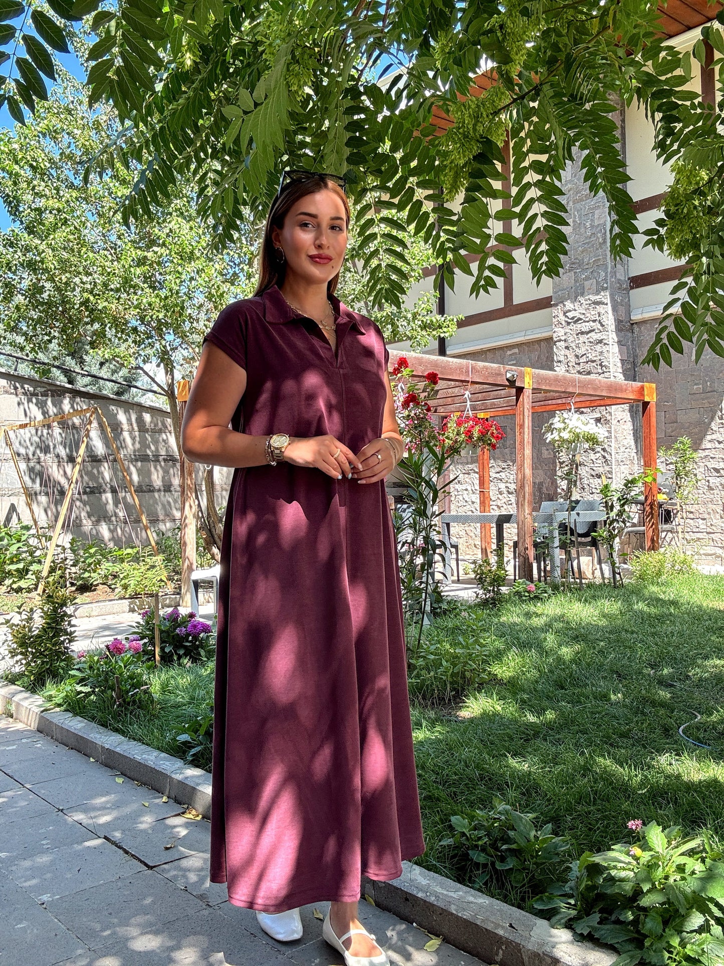 Polo yaka pike elbise Bordo