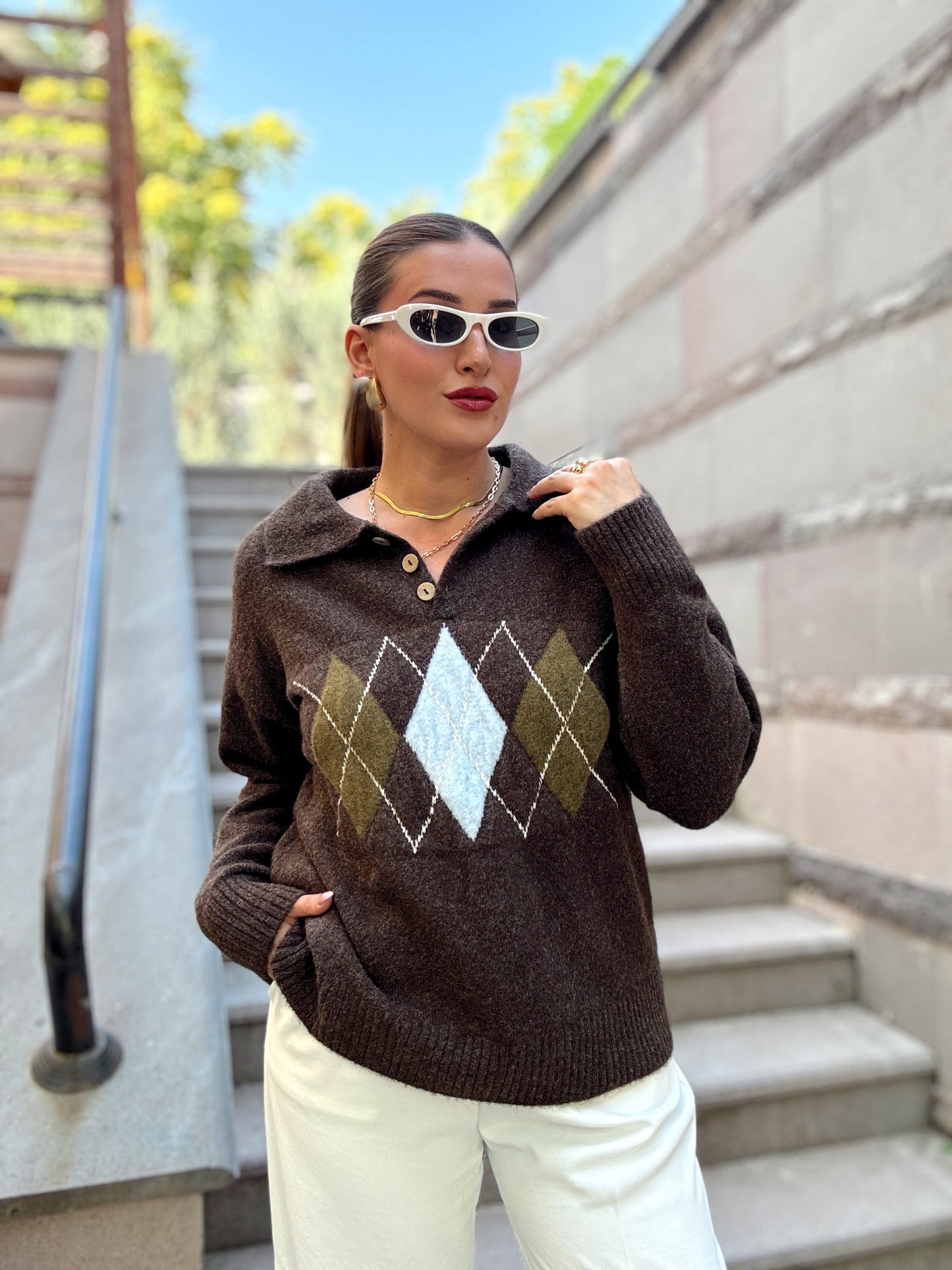 Baklava Desenli Premium Polo yaka kazak Kahve
