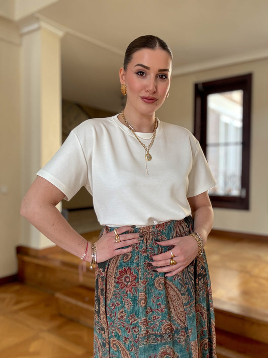 Oversize Modal Yırtmaçlı Tişört Ekru