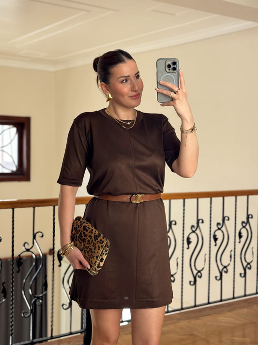 Kısa Kollu Triko Elbise-KAHVERENGİ