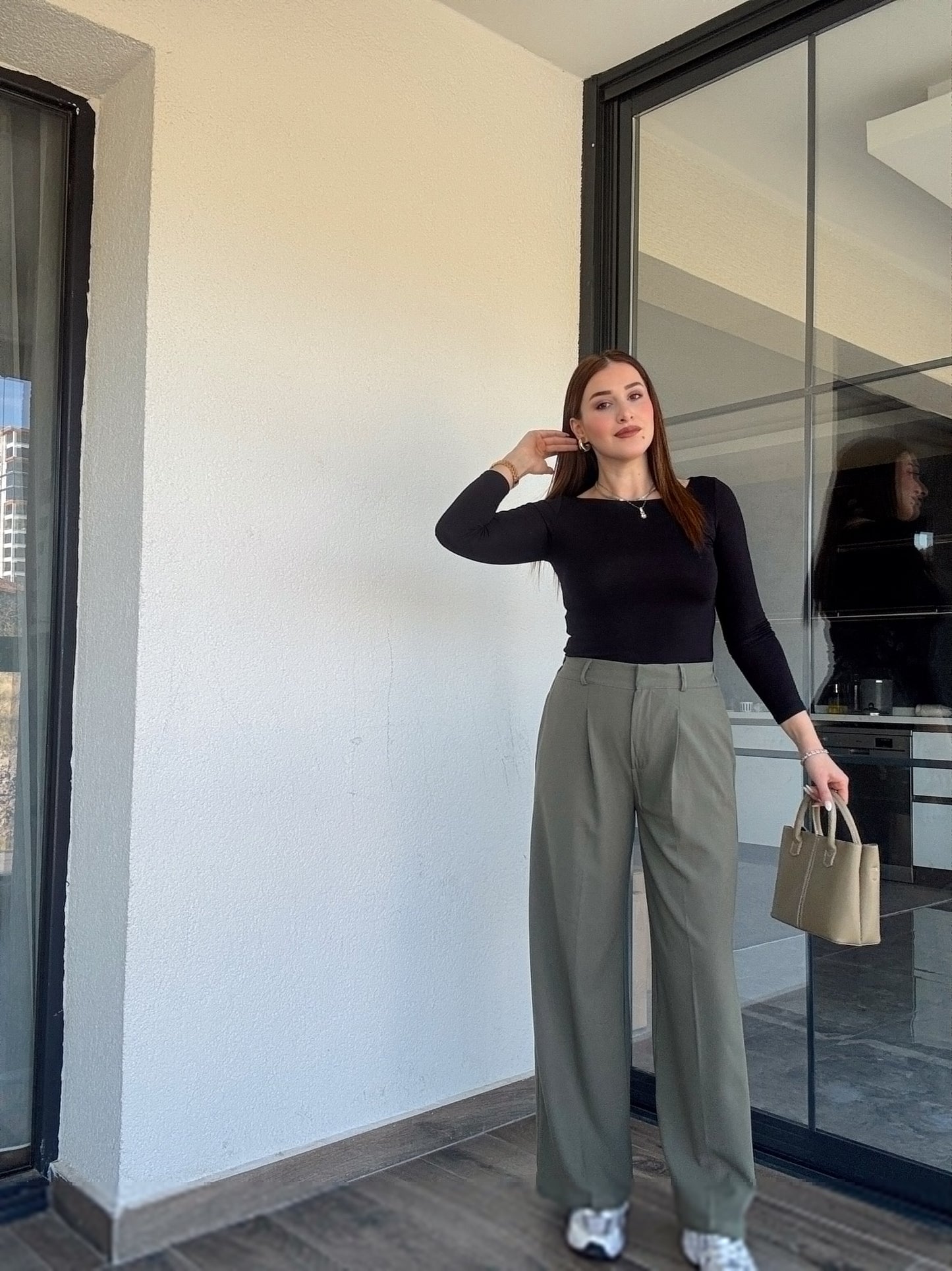 Çıtçıt detaylı palazzo pantolon-HAKİ