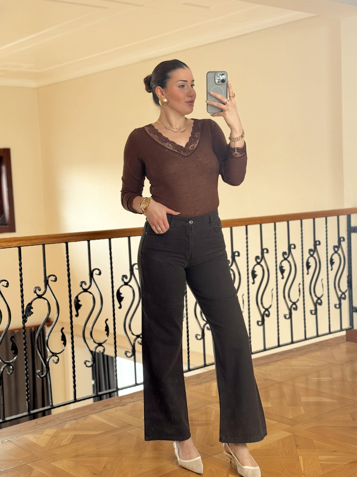 Palazzo İspanyol Paça Kot Pantolon-KAHVERENGİ