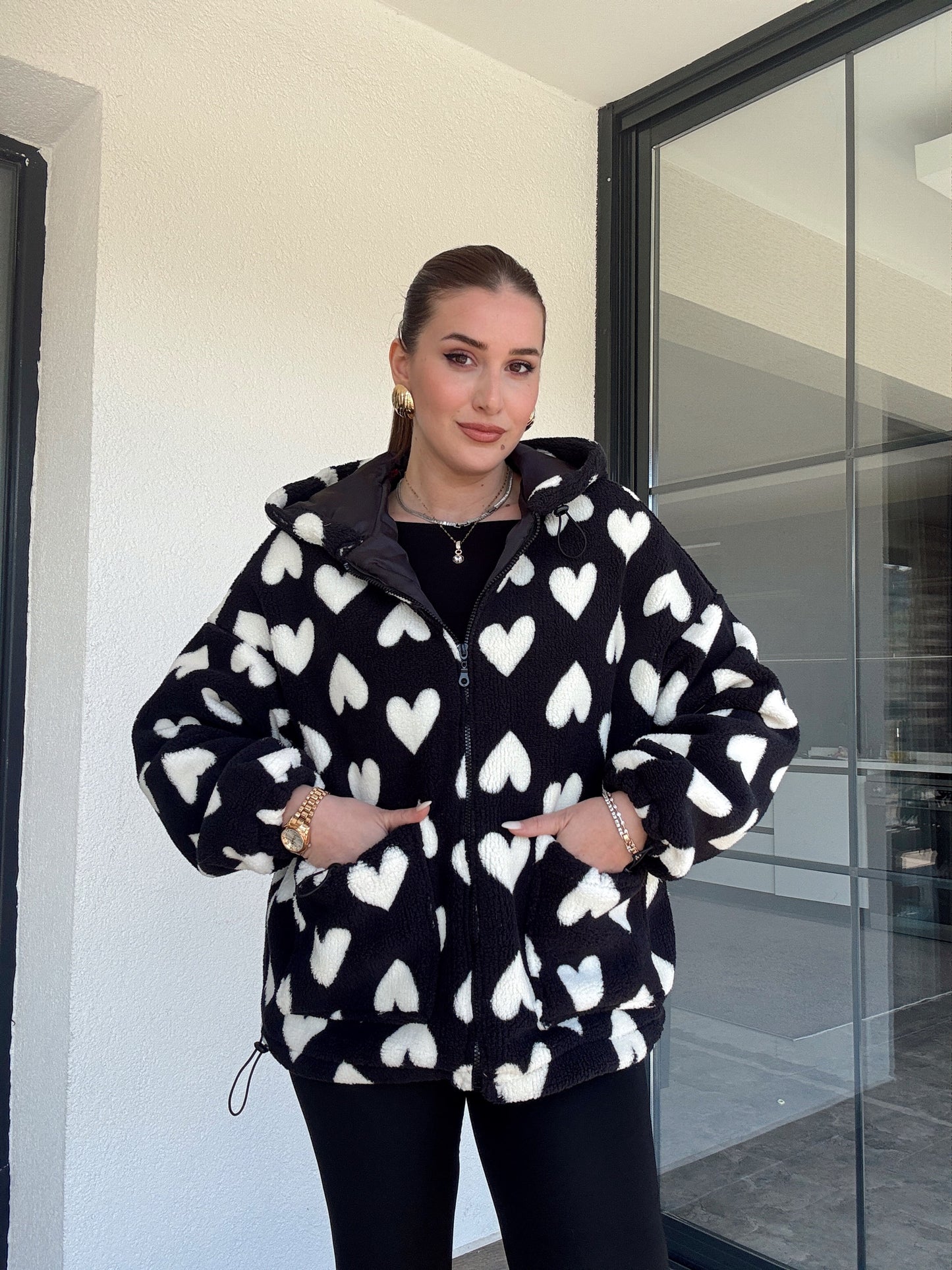 Kalpli Peluş Mont SİYAH