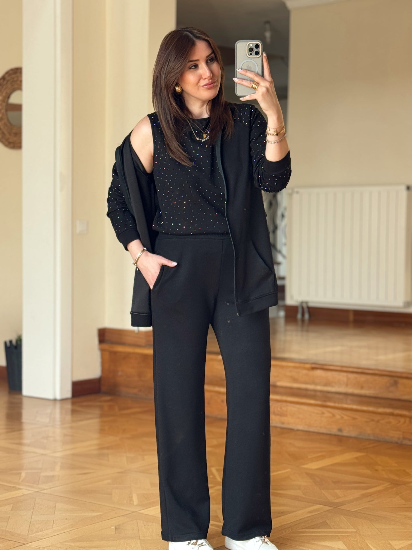 Üçlü Taşlı Oys Takım-SİYAH