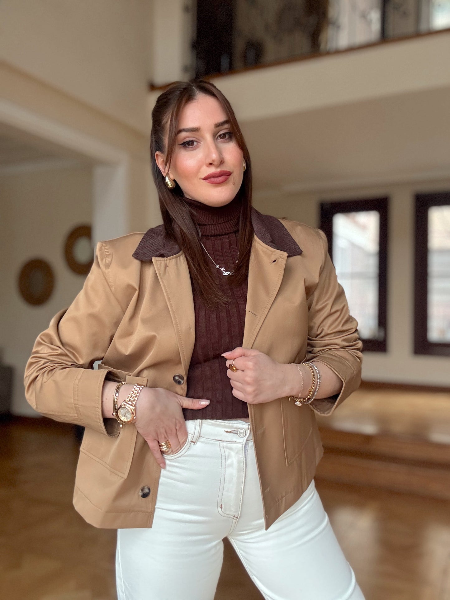 Garnili kısa trench Camel