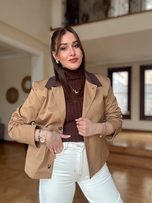 Garnili kısa trench Camel