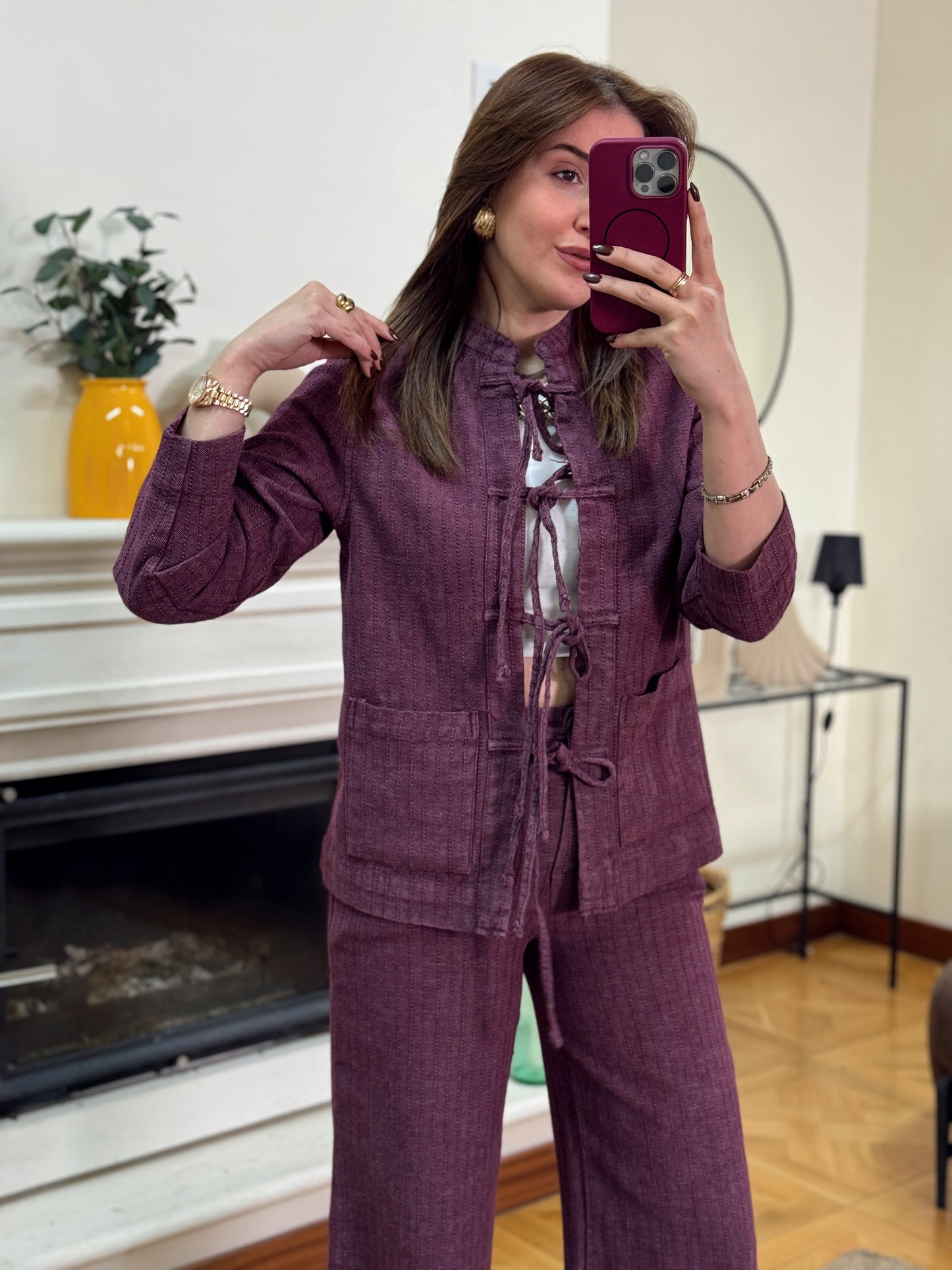 RUFFY bağlamalı yıkamalı gabardin ikili takım BORDO