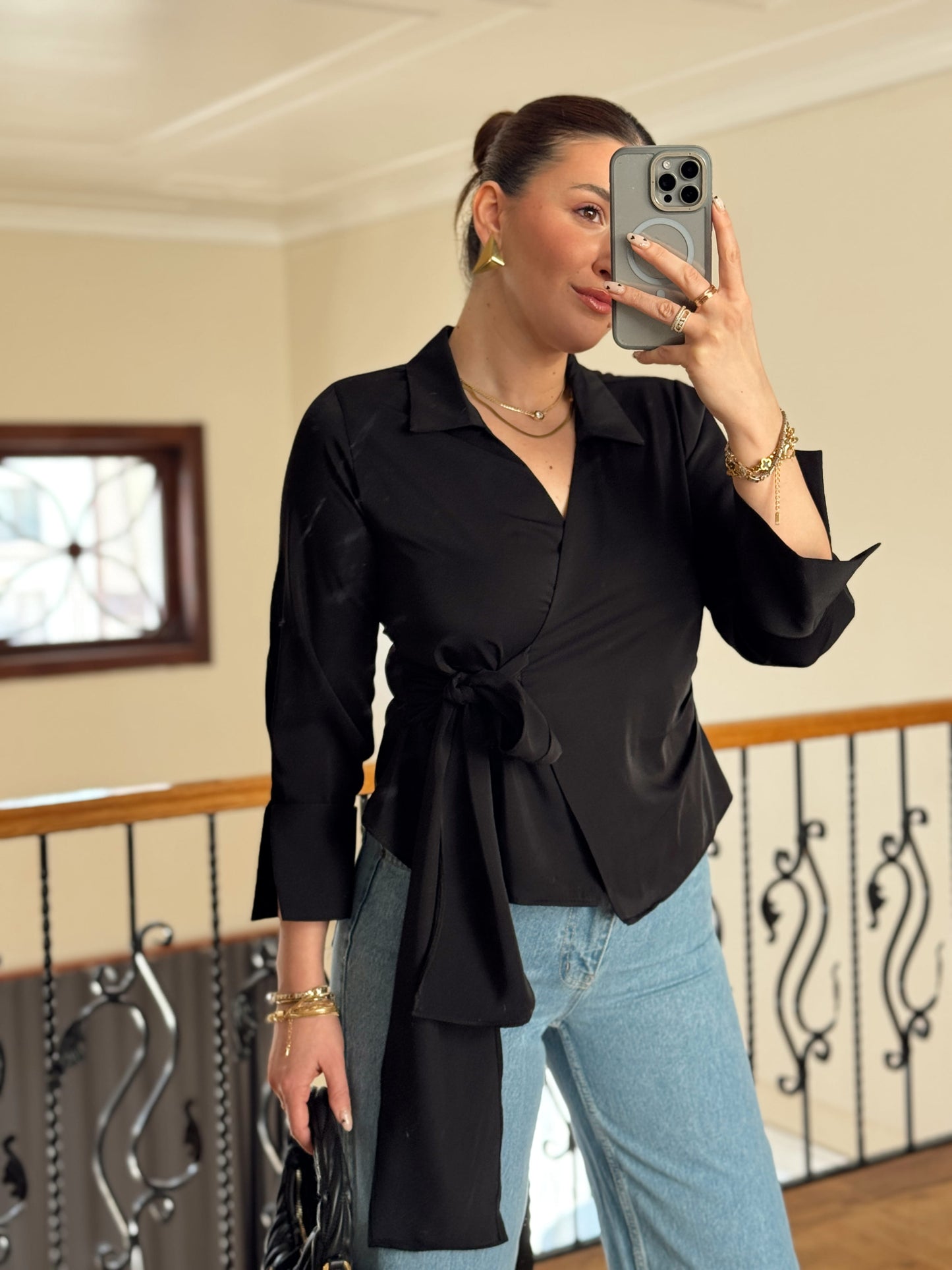 Önü Bağlamalı Gömlek-SİYAH