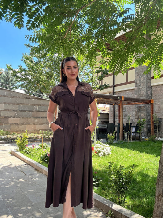 Omuz pul detaylı tensel elbise Kahve