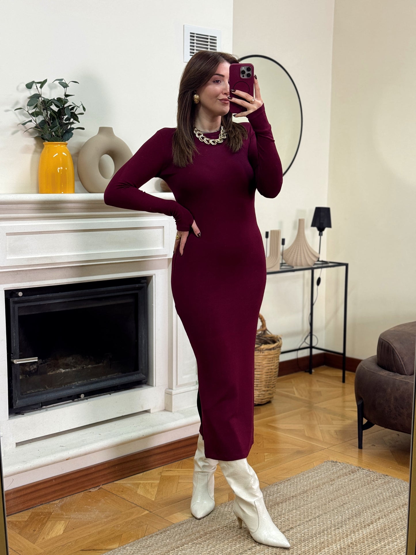 Bisiklet yaka parmak geçirmeli elbise-BORDO