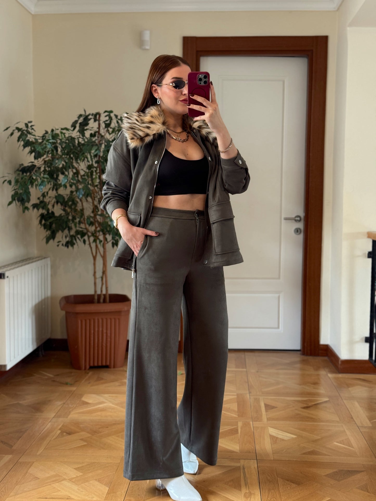 LEOPAR yaka süet ikili takım HAKİ