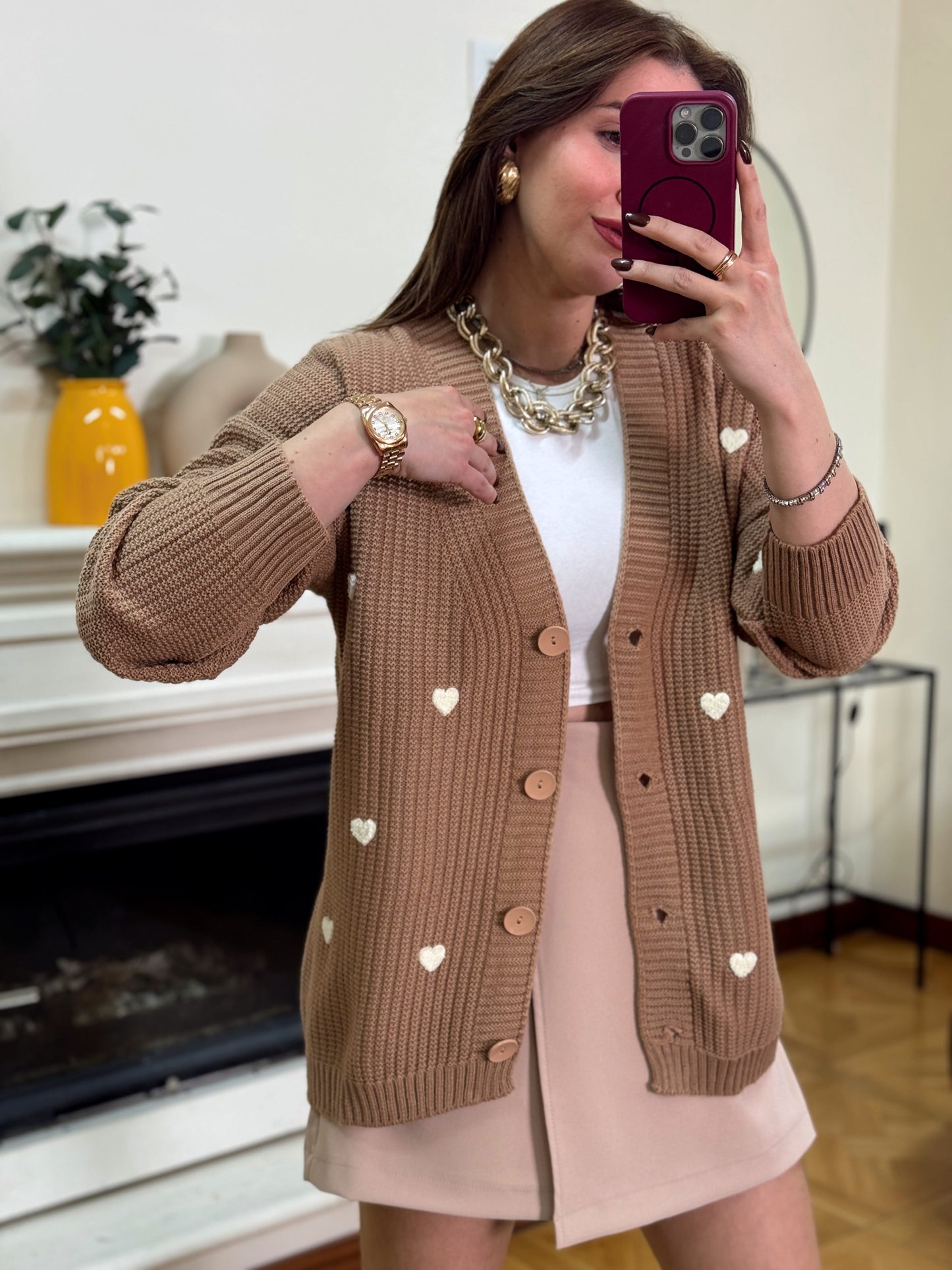 Kalp İşlemeli düğmeli triko hırka Camel