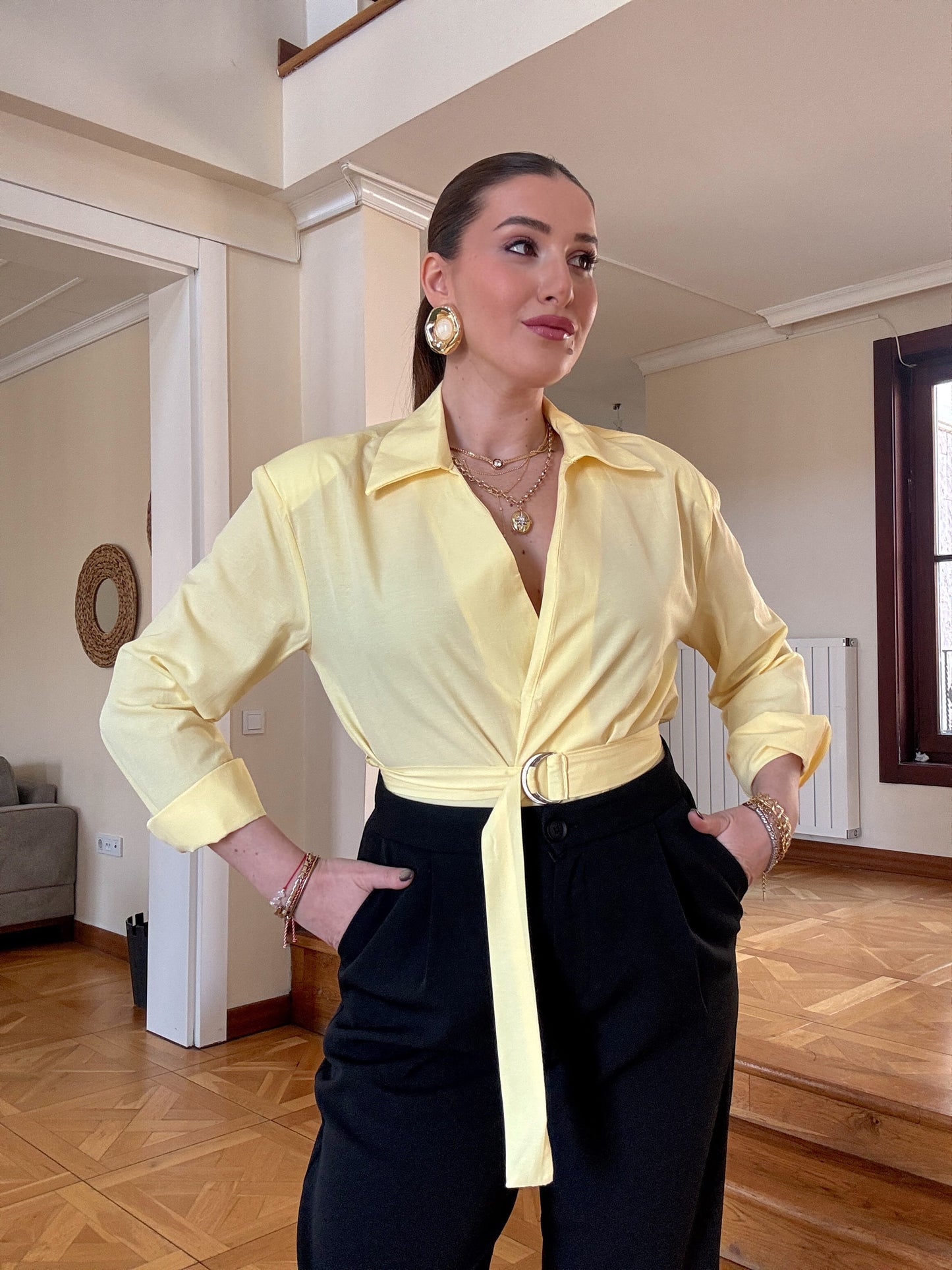 Vatkalı Poplin gömlek Sarı