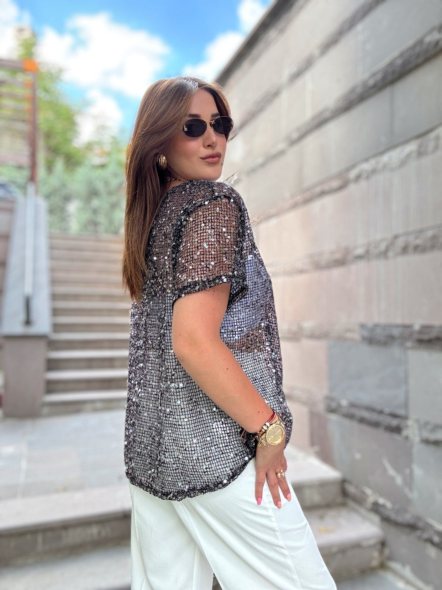 Premium pullu kumaş bluz Siyah