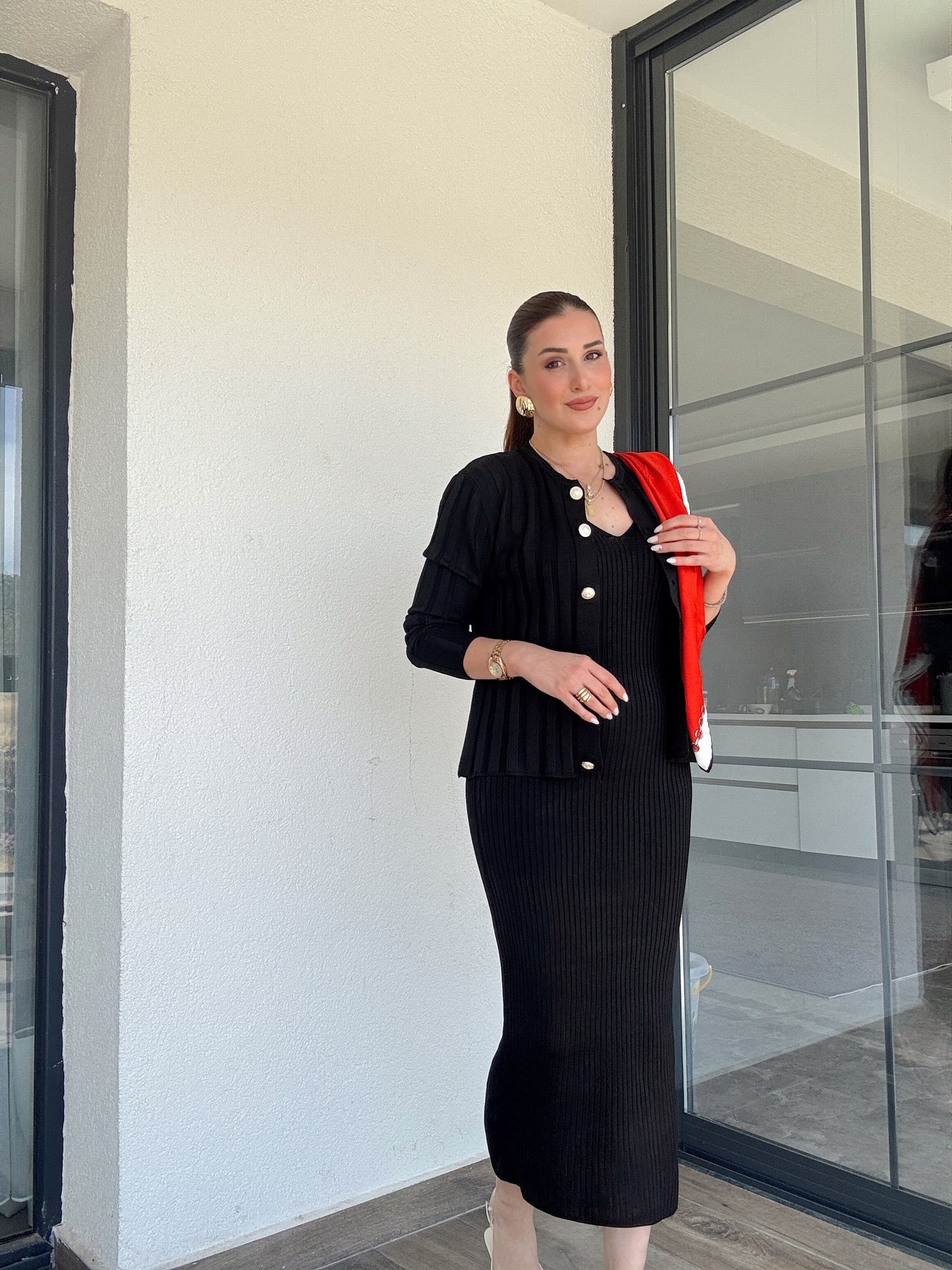 Fitilli Düğmeli Triko Takım Siyah